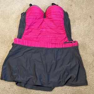 Women's Two-Piece Color Block Tankini Swimsuit Skirted Bottom XXXL Pink/Black